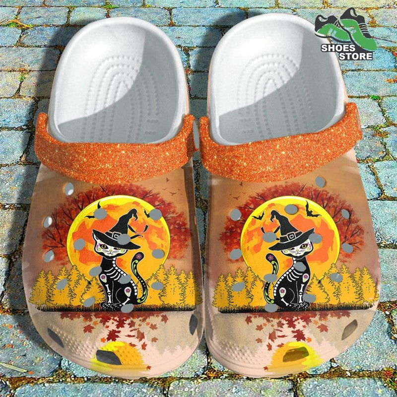 Cat Skeleton Sugar Skull Crocs Shoes, Moon Mexican Cat Halloween Crocs Shoes.jpg