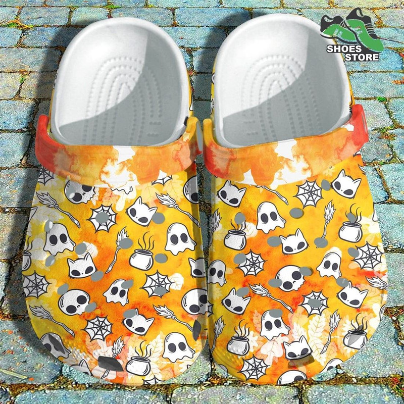 Cat Skull Halloween Sticker Crocs Shoes Clogs, Cute Chibi Skeleton Crocs Shoes.jpg