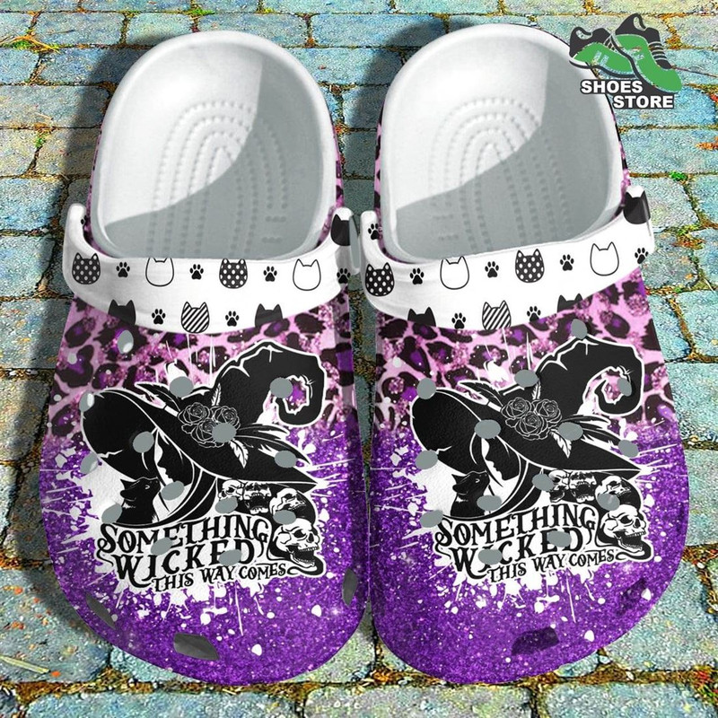 Cute Cat Witch Flower Skull Crocs Shoes, Something Wicked This Way Comes Crocs Shoes.jpg