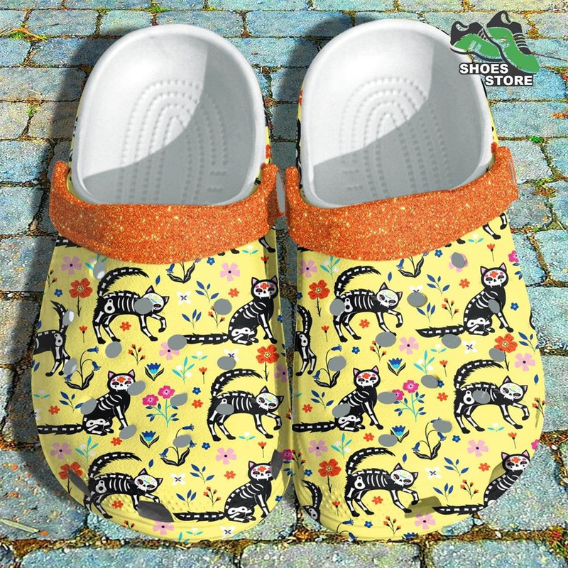 Funny Cat Cosplay Halloween Crocs Shoes, Flower Cat Skellington Crocs Shoes Gift Christmas Aunt.jpg