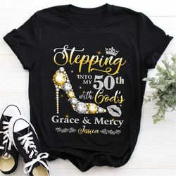 custom 50th birthday shirt for women, 50 years old birthday shirt, personalized birthday gift, stepping into 50th with g