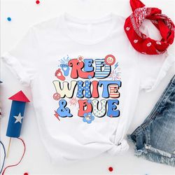 red white and due pregnancy announcement 4th of july groovy t-shirt, l&d crew labor and delivery nurse 4th of july t-shi