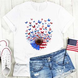 america sunflower butterfly shirt, usa flag flower t shirt, gift for american, 4th of july flag graphic t-shirt, freedom
