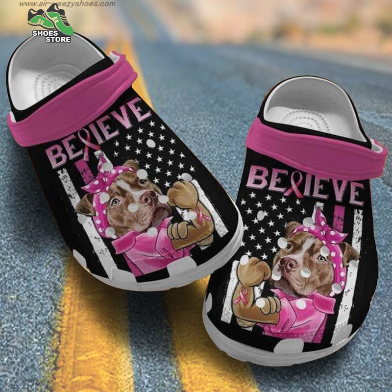 Believe Breast Cancer Warrior Pitbull Puppy October For Pitbull Mom Crocs Shoes.jpg