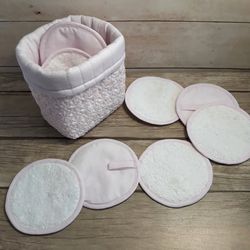 10 Reusable Cotton Rounds Pink/ Embroidered Pink Mini Basket/ Small Laundry Bag/ Makeup Remover Set