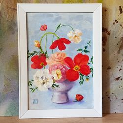 original oil painting bouquet of flowers in a vase