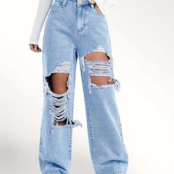 Ripped Straight Leg Loose Fit Jeans Wide Legs Distressed Denim Pants Women's Clothing