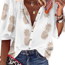 Pineapple Print Button Down Blouse Casual Sleeve Blouse Women's Clothing