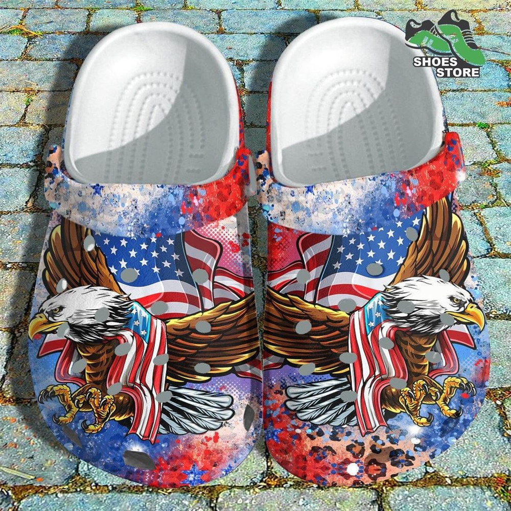 Brave Eagle Hawk America Flag Crocs Shoes, Leopard Tie Dye 4th Of July Crocs Shoes.jpg