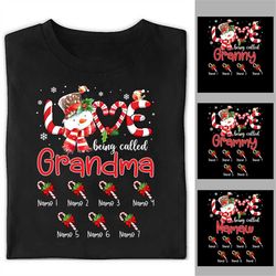 custom christmas grandma shirt, personalized nana with grandkids names, love being called grandma