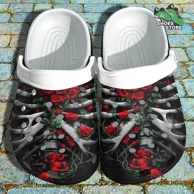 Dark Skeleton Rose Flower Crocs Shoes, Birthday Crocs Shoes.jpg