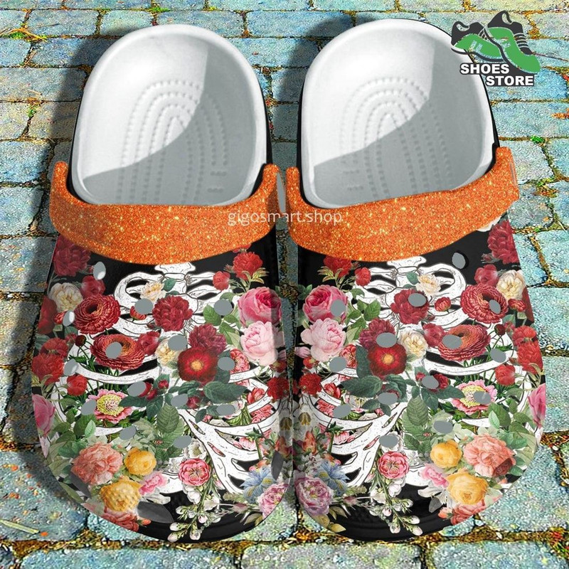 Flower Skull Art Crocs Shoes, Glitter Skull Pattern Rose Crocs Shoes Aunt.jpg