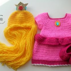 Princess Peach Costume | Crochet Princess Peach Dress | Mario Bros Photo Props | Baby Shower Gift | Sizes 0-12 Months