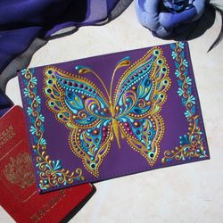 Butterfly passport, Purple passport holder for women, Hand painted passport case, Leather passport cover, Travel gifts