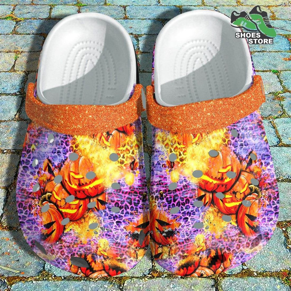 Glitter Leopard Pumpkin Crocs Shoes, Spooky Season Pattern Crocs Shoes.jpg