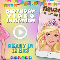 barbie doll birthday video invitation for girl, animated kid's birthday party invite