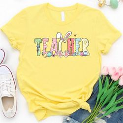 happy easter teacher shirt, cute teacher student bunny egg pattern shirt, teaching easter day party gift