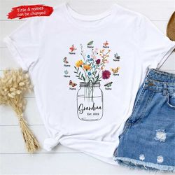 grandma est 2022 flower butterfly shirt, gift for grandma, personalized grandkids name shirt, nana shirt, mother's day s