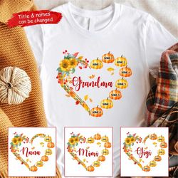 custom grandma fall sunflowers pumpkin shirt with grandkids names personalized nana shirt with kids name t-shirt