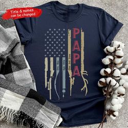 personalized hunting papa shirt, hunting and fishing us flag papa with grandkids names shirt, fathers day hunter fish pa