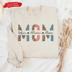 custom mom shirt with kids names, leopard print personalized mom tee, mother's day shirt, custom names mom tshirt, gift