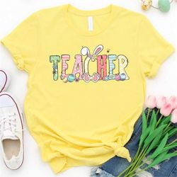 happy easter teacher shirt, cute teacher student bunny egg pattern shirt, teaching easter day party gift