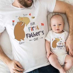 our first fathers day together shirt, 1st fathers day bear 2022, baby and daddy outfit, customized name dad shirt