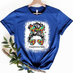 autism awareness autism mom life messy hair bun mother's day t-shirt