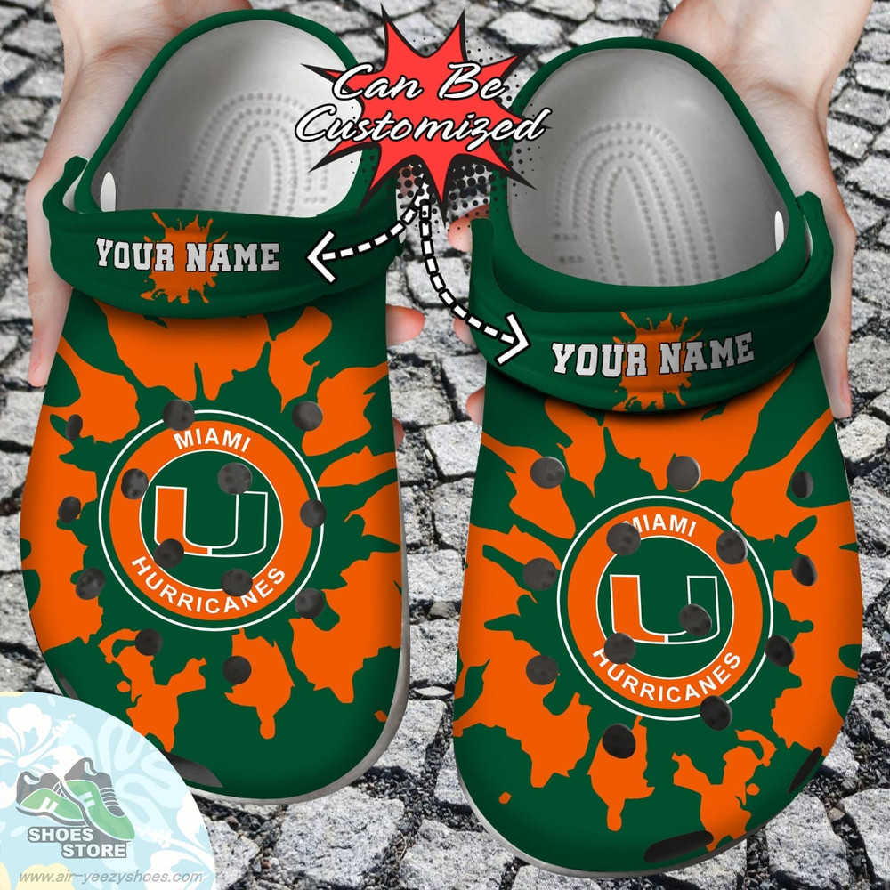 Personalized Miami Hurricanes University Team Colors Splash Clog Shoes, Sport Crocs Shoes.jpg