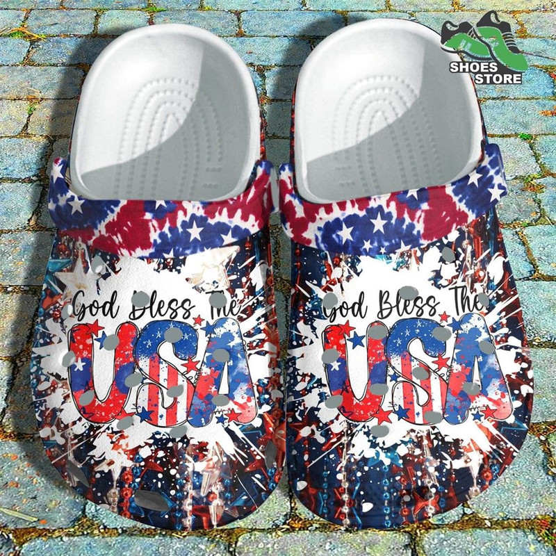God Bless the USA America Flag Shoes Crocs Hippie, Tie Dye US Proud Twinkle Star 4th Of July Shoes.jpg