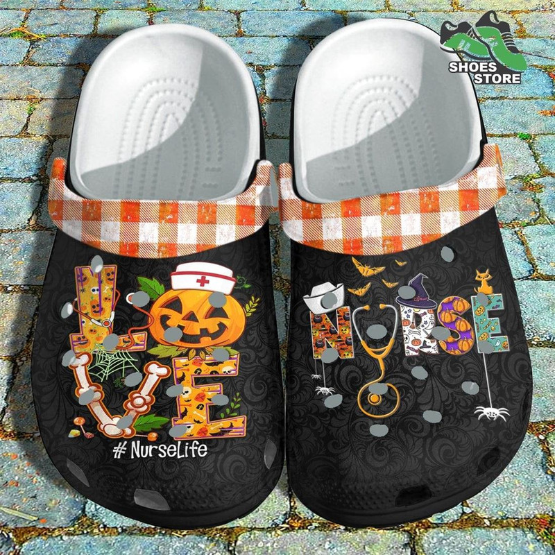 Halloween Nurse Life Sign Pumpkin Crocs Shoes, Cute Stethoscope Halloween Crocs Shoes.jpg