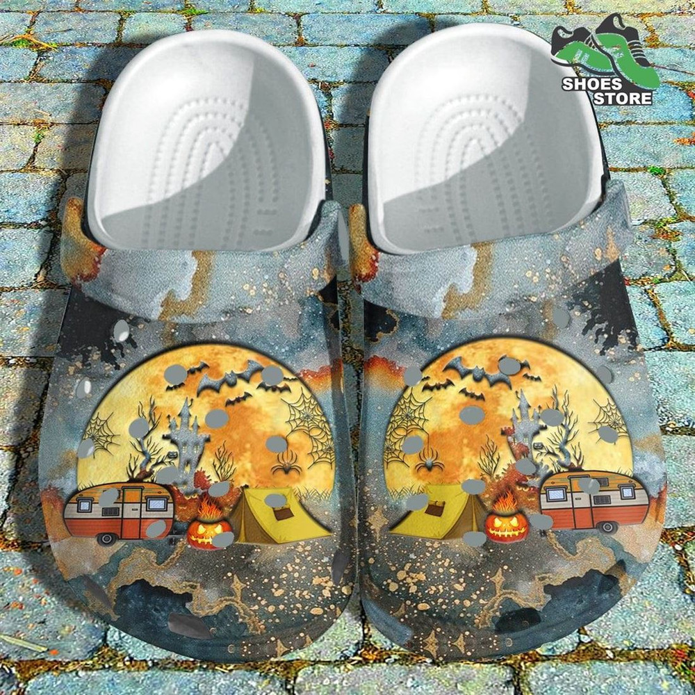 Halloween Pumpkin Camping Bus Crocs Shoes, Evil Pumpkin Fishing Camp Crocs Shoes.jpg