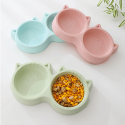 Pet Cat Double Bowl Eco-friendly PP Material Cartoon Cat Face Shape Food Water Feeding Bowl Non-slip Puppy Cat Feeder