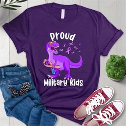 purple proud military child dinosaur t-shirt, military purple ribbon, military child awareness month gift shirt