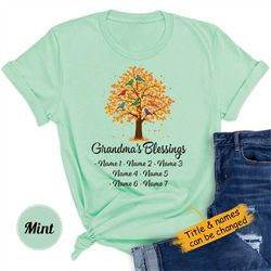 grandma tree shirt with grandkids names personalized grandma's blessings shirt grandma tree with birds t-shirt