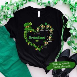 personalized grandma shirt, custom grandkids nana t shirt, shamrocks st. patrick's day gift for grandpa, mom, dad, lepre