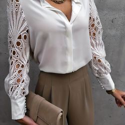 V-Neck Casual Blouse Lace Long Sleeve Shirt Lantern Sleeve Top Women's Clothing