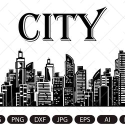 City silhouette vector/ Horizontal City landscape SVG/ Downtown landscape with high skyscrapers/ Panorama architecture b