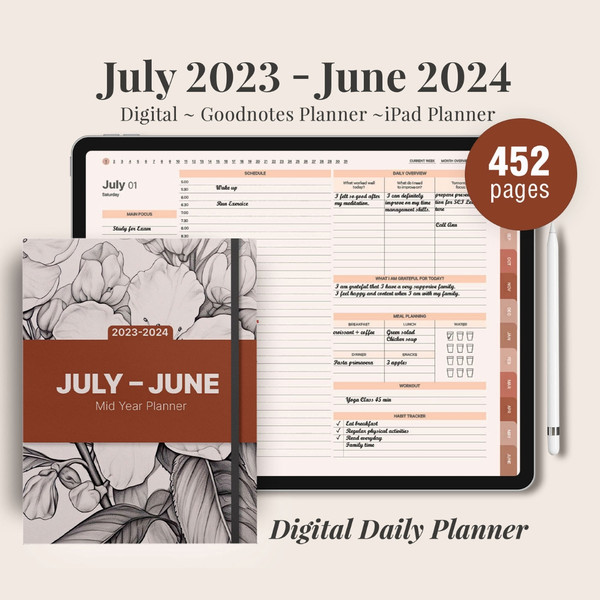 Minimalist Mid Year Digital Planner, July 2023 June 2024, Dated daily, monthly and weekly planner, Monday Sunday Start (1).jpg