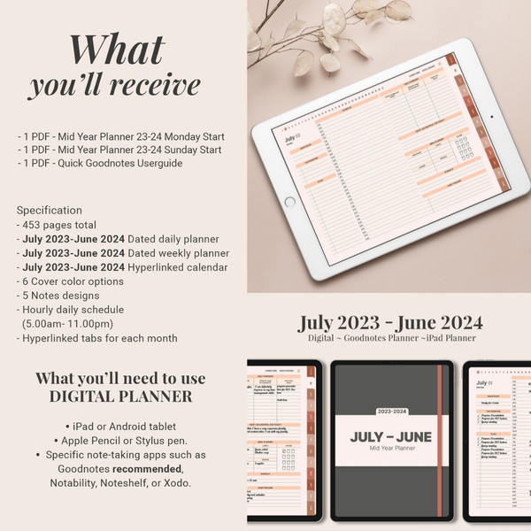 Minimalist Mid Year Digital Planner, July 2023 June 2024, Dated daily, monthly and weekly planner, Monday Sunday Start (3).jpg