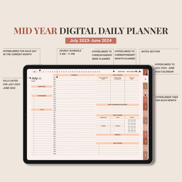 Minimalist Mid Year Digital Planner, July 2023 June 2024, Dated daily, monthly and weekly planner, Monday Sunday Start (5).jpg
