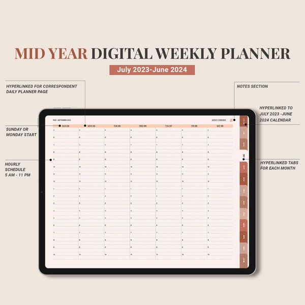 Minimalist Mid Year Digital Planner, July 2023 June 2024, Dated daily, monthly and weekly planner, Monday Sunday Start (6).jpg