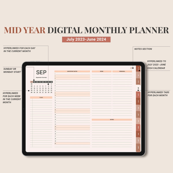 Minimalist Mid Year Digital Planner, July 2023 June 2024, Dated daily, monthly and weekly planner, Monday Sunday Start (7).jpg