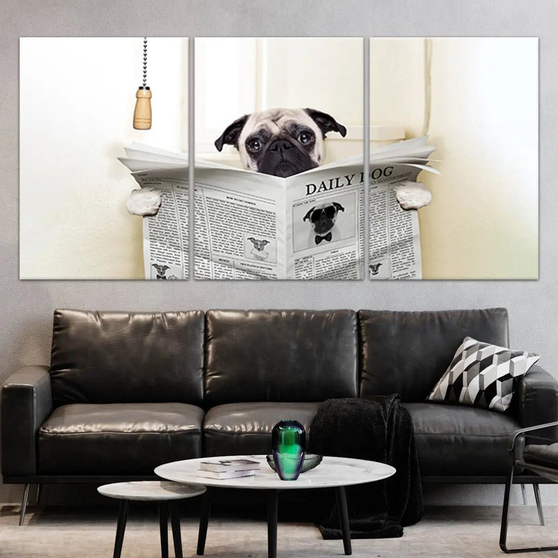 Pug Dog Sitting On Toilet Wall Art Canvas 3 Panels
