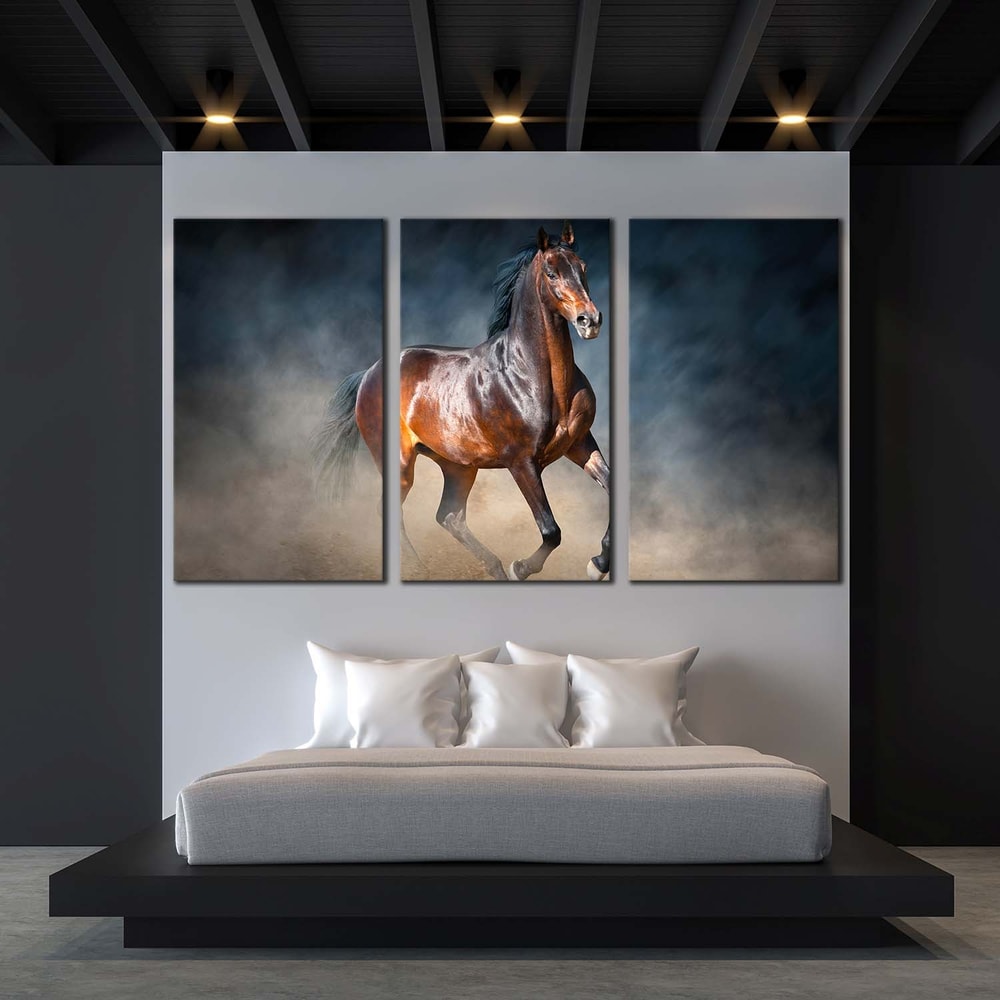 Classic Horse Canvas Wall Art, Chestnut Horse 3 Piece Canvas Print, Black Brown Horse Running Forward Triptych Canvas