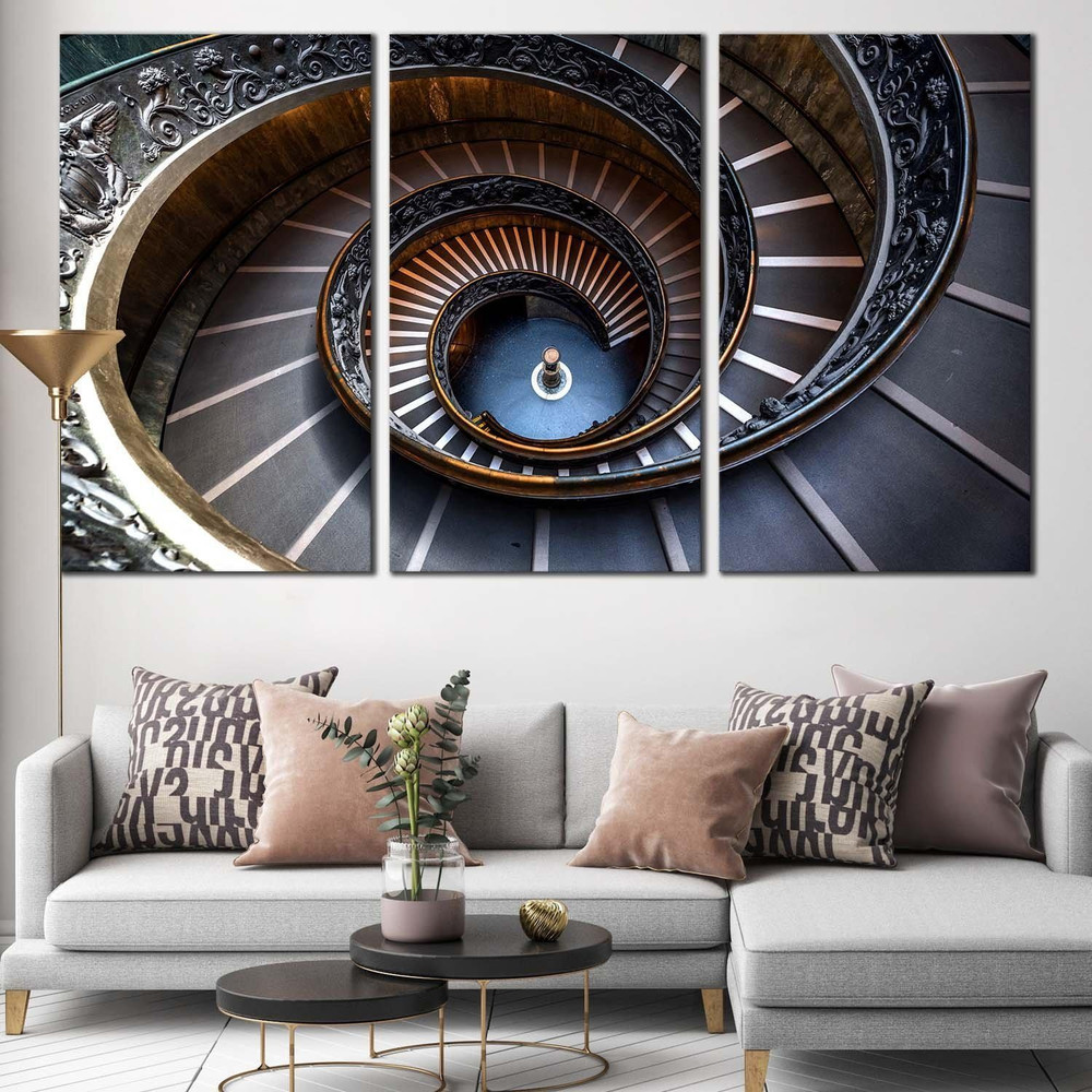 Abstract Architecture Canvas Wall Art, Vatican Museum 3 Piece Multi Canvas, Abstract Circular Stairs Triptych Canvas