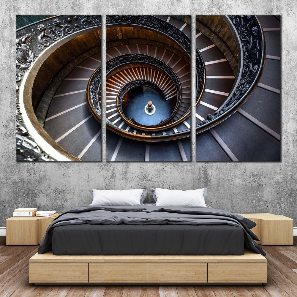 Abstract Architecture Canvas Wall Art, Vatican Museum 3 Piece Multi Canvas, Abstract Circular Stairs Triptych Canvas