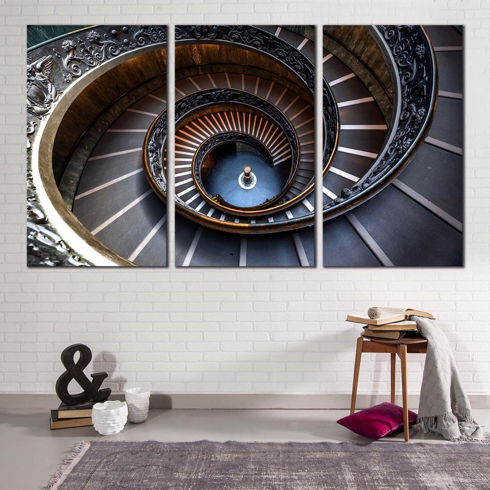 Abstract Architecture Canvas Wall Art, Vatican Museum 3 Piece Multi Canvas, Abstract Circular Stairs Triptych Canvas