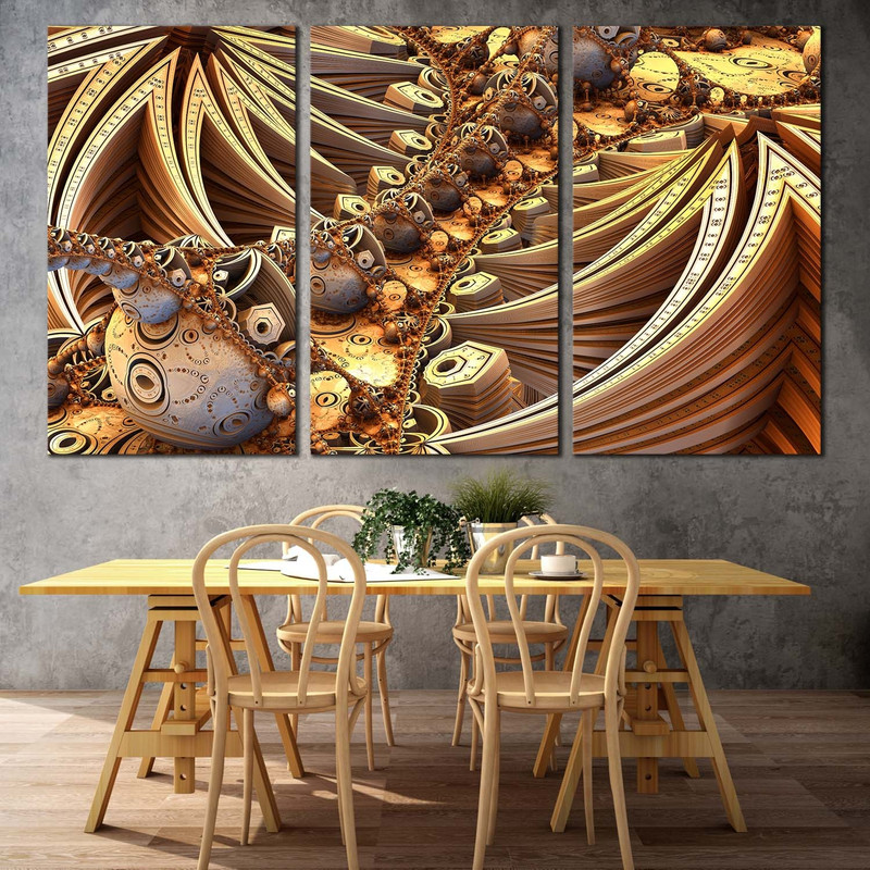 Abstract Escher Canvas Wall Art, Abstract Geometric Patterns Multi Canvas Artwork, Yellow Brown Abstract 3 Piece Canvas