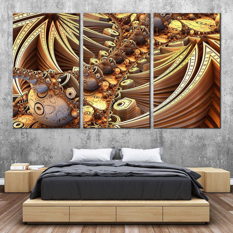 Abstract Escher Canvas Wall Art, Abstract Geometric Patterns Multi Canvas Artwork, Yellow Brown Abstract 3 Piece Canvas